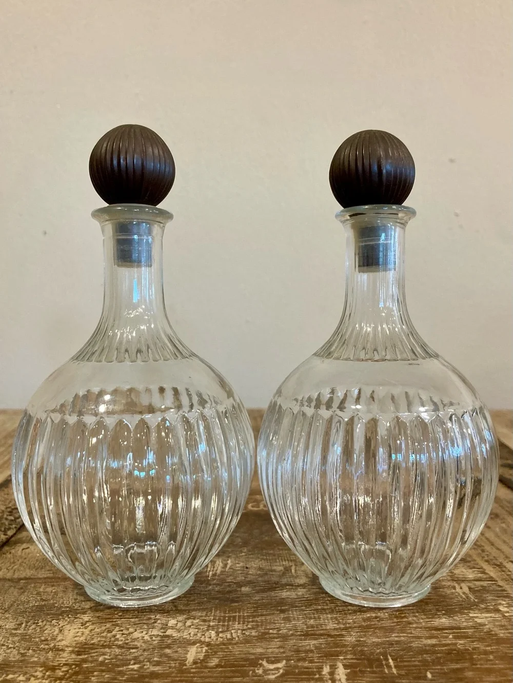 2 Vintage Ribbed Glass Decanters Vanity Bottles with Round Plastic Lids JPI NYC
